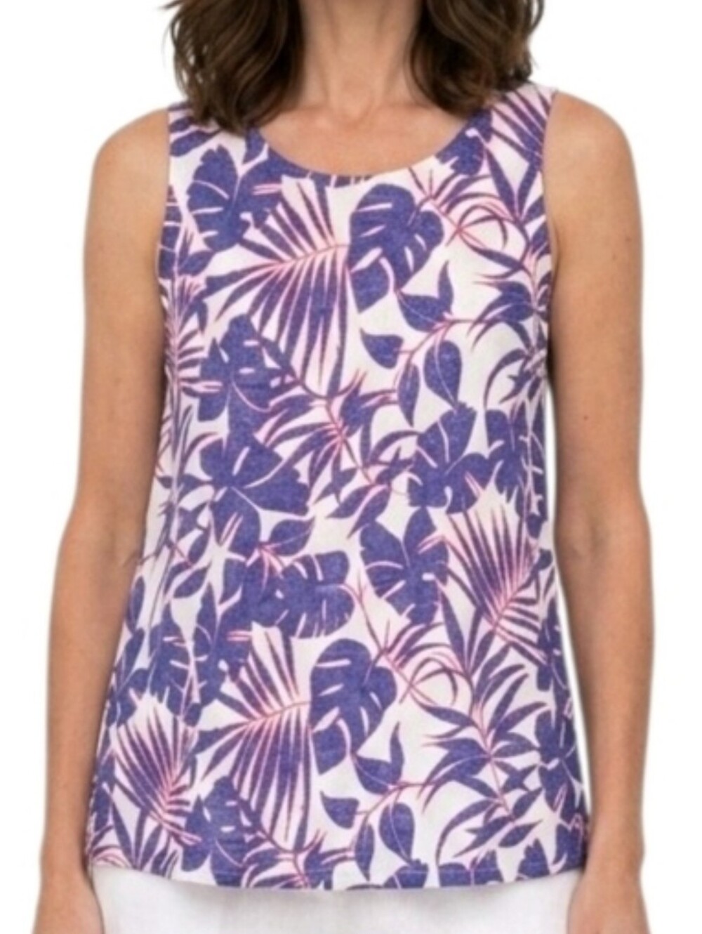 Stylus Pink & Purple Tropical Print Linen Blend Tank Top Size M